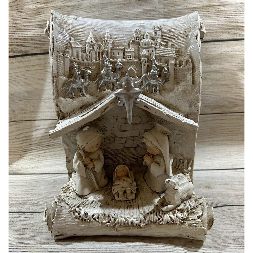 Cracker Barrel Nativity on Scroll Holy Family Silver Magi & Star GORGEOUS TubB7